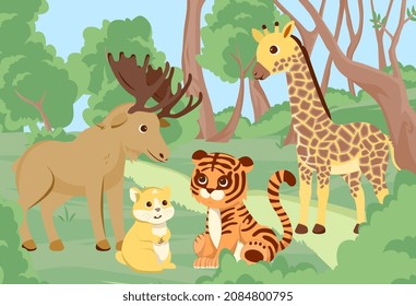 Group of animals on nature. Scene in africa or forest. Picture for printing on childrens clothing. Giraffe, tiger, chipmunk and elk. Outdoor, fresh air, fauna. Cartoon flat vector illustration