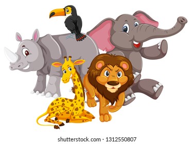 Group of animals on white background illustration