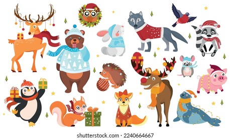 Group of animals on white background. Christmas celebration