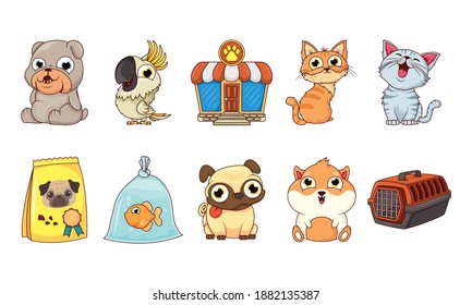 group of animals pets characters and food bag with store facade vector illustration design