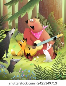 Group of animals in pine forest singing song with guitar. Bear plays guitar music and fox wolf bunny and birds sing together in nature. Vector illustration for children story in watercolor style.