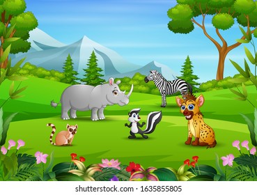 Group of animals relaxing in the field