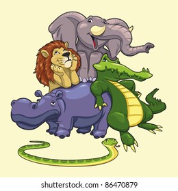 Group of animals of savannah. Cartoon and vector illustration.