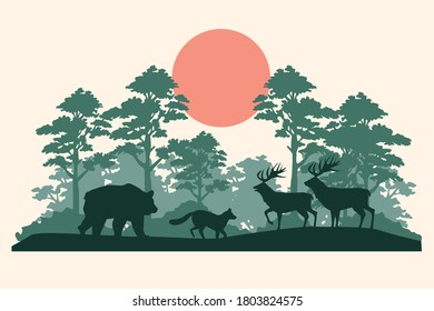 group of animals silhouettes in the jungle vector illustration design