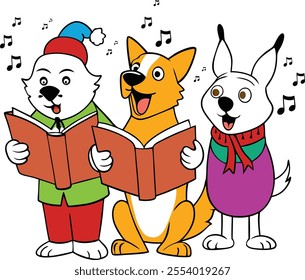 A group of animals are singing Christmas carols and holding songbooks 01 Vector Merry Christmas Celebrate Cute Baby Cartoon Character Art Illustration