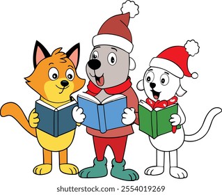 A group of animals are singing Christmas carols and holding songbooks 05 Vector Merry Christmas Celebrate Cute Baby Cartoon Character Art Illustration