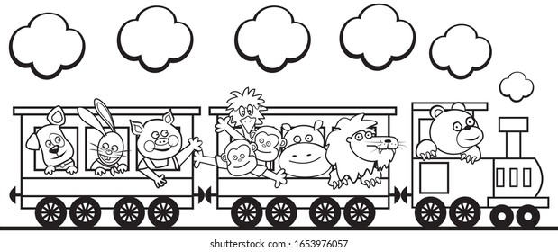 Group Of Animals In The Train, Funny Vector Illustration. Dog, Hare, Pig,  Monkeys, Ostrich, Hippo, Lion And Bear On A Steam Strain. Coloring Book For Children.