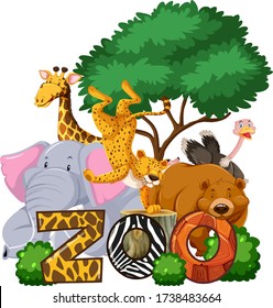 Group of animals under the tree with zoo sign illustration