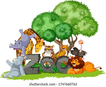 Grupo de animales bajo el árbol con la ilustración del zoo