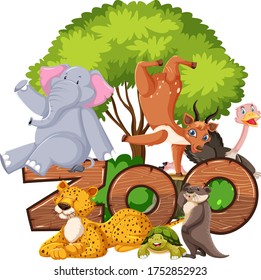 Group of animals under the tree with zoo sign illustration