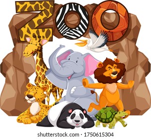 Group of animals under the zoo sign illustration
