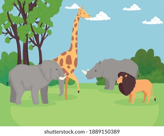 group of animals wild in the savannah scene vector illustration design