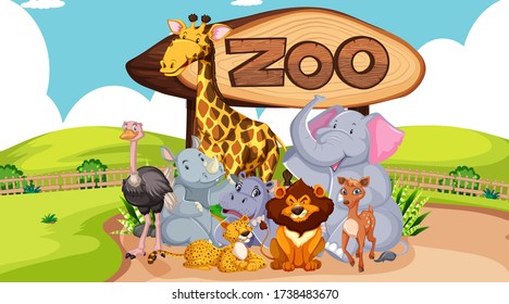 Group of animals with zoo sign illustration