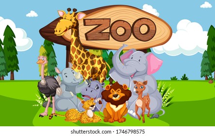 Group of animals with zoo sign illustration