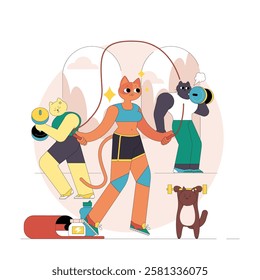 A group of animated animals engages in fitness activities, showcasing teamwork and fun. The characters are lifting weights and capturing their workout moments, promoting an active lifestyle. Vector