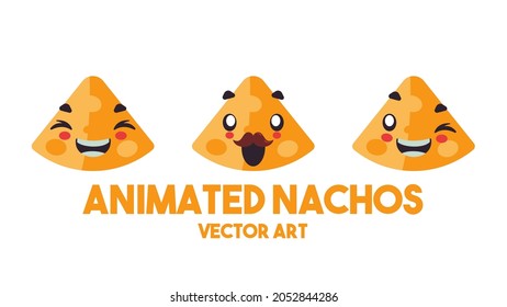 Group of animated nachos. Cartoon style nachos in shades of yellow. Smiling nachos, blinking and with a mustache. Advertising friendly nachos.