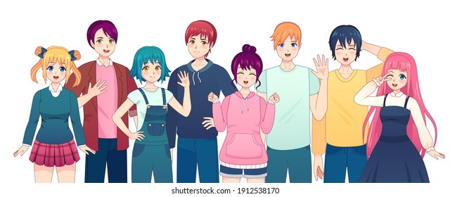 Group of anime characters. Young manga girls and boys friends in japanese comic style. Smiling korean male and female students vector set. Happy kawaii school people in casual clothing