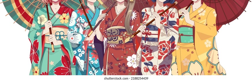 Group of anime manga girls in kimono holding paper umbrella