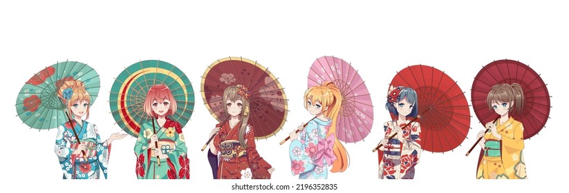 Group of anime manga girls in kimono holding paper umbrella