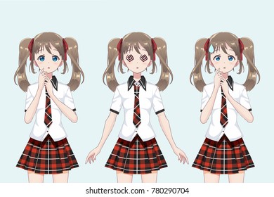 group of anime (manga) girls of schoolgirls, in Japanese style. A set of diverse emotions surprised, frightened, unconscious