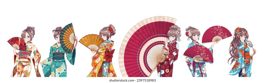 Group of anime manga girls in traditional Japanese kimono costume holding paper fan. Vector illustration on isolated background