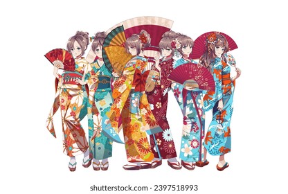 Grupo de chicas de manga anime con traje tradicional japonés de kimono sosteniendo un ventilador de papel. Ilustración del vector en el fondo aislado