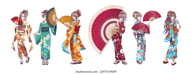 Group of anime manga girls in traditional Japanese kimono costume holding paper fan. Vector illustration on isolated background