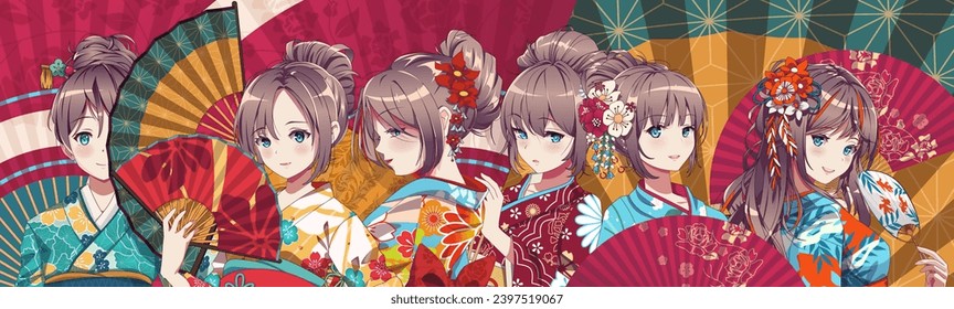 Group of anime manga girls in traditional Japanese kimono costume holding paper fan. Vector illustration on isolated background