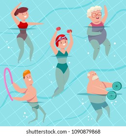 Group Aqua Aerobics In Swimming Pool. Young And Elderly Men And Women Doing Aquagym Exercise. Vector Cartoon Fitness People Character Isolated On A Background. Healthy Lifestyle Set.