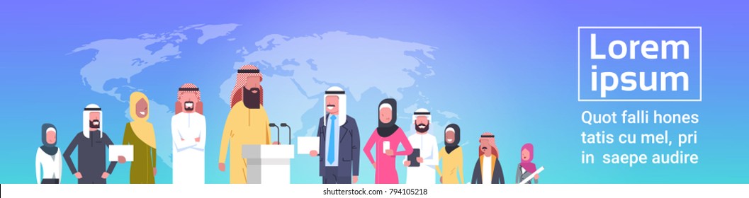 Group Of Arab Business People On Conference Meeting Or Presentation Over World Map Background Team Of Arabian Speakers Corporate Training Or Report Concept Flat Vector Illustration