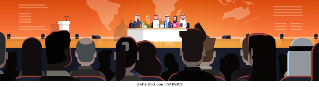 Group Of Arab Business People On Conference Or Public Interview Concept Official Meeting Of Arabic Politicians In Front of Big Audience Horizontal Banner Flat Vector Illustration