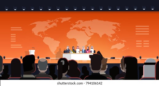 Group Of Arab Business People On Conference Public Debate Interview Over World Map Background Official Meeting Of Arabic Politicians Flat Vector Illustration