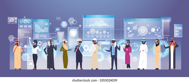 Group Of Arab Business People Wearing Modern 3d Glasses Using Futuristic User Interface Virtual Reality Technology Concept