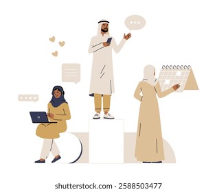 Group of Arab Business Professionals in Flat Vector Illustration Symbolizing Teamwork, Collaboration, and Productivity, Isolated on White Background