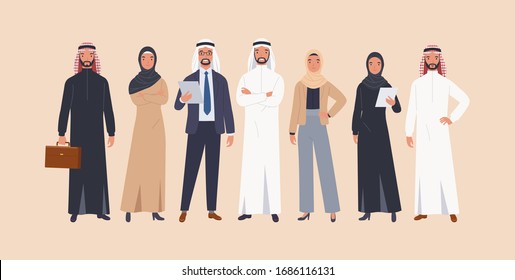 group of arab man and woman business people standing together in traditional islamic clothes . Arabic characters businessmen and businesswomen. Vector illustration in a flat style