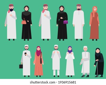 Group of Arab men and women couples in different ages in  traditional Islamic Hijab clothing Vector illustration in a simplistic flat UI style