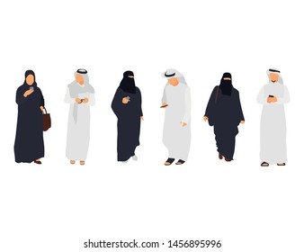 Group of Arab men and women in traditional Islamic clothing wearing medical masks to prevent disease, flu, air pollution, contaminated air, world pollution. Vector illustration in a flat style