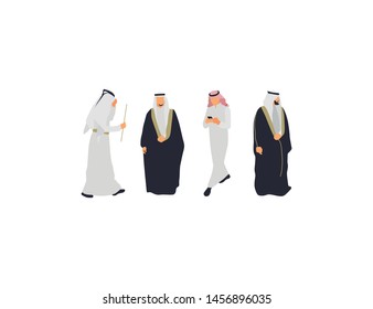 Group of Arab men and women in traditional Islamic clothing wearing medical masks to prevent disease, flu, air pollution, contaminated air, world pollution. Vector illustration in a flat style