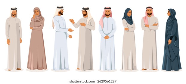 Group of Arab men and women in traditional attire standing and interacting, flat cartoon style on white background. Concept of Middle Eastern culture. Vector illustration