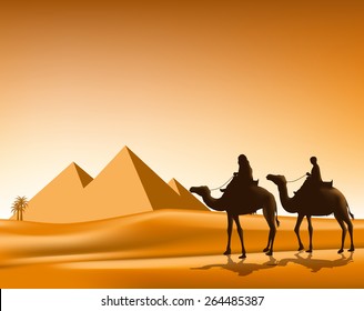 Group of Arab People with Camels Caravan Riding in Realistic Wide Desert Sands in Great Pyramid of Giza in Egypt. Editable Vector Illustration