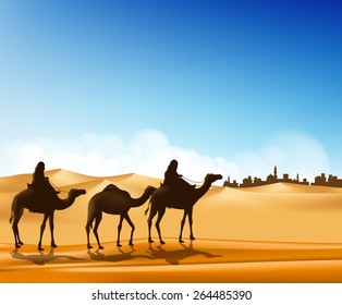 Group of Arab People with Camels Caravan Riding in Realistic Wide Desert Sands in Middle East Going to a City. Editable Vector Illustration