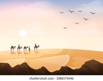 Group of Arab people riding with camels caravan in the desert