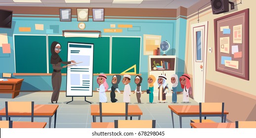 Group Of Arab Pupils With Teacher In Classroom On Lesson Education Concept Flat Vector Illustration