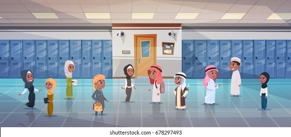 Group Of Arab Pupils Walking In School Corridor To Class Room, Muslim Schoolchildren Flat Vector Illustration