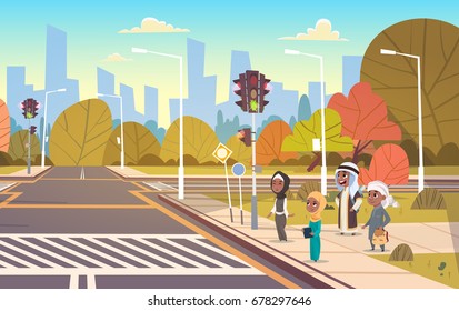 Group Of Arab School Children Waiting For Green Traffic Light To Cross Road On Crosswalk Flat Vector Illustration