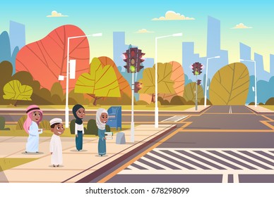 Group Of Arab School Children Waiting For Green Traffic Light To Cross Road On Crosswalk Flat Vector Illustration