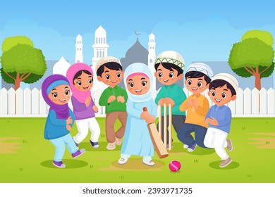 Group of arabian children in traditional muslim clothes, playing national arabic game all together. Boy and girl in various wear. Ethnic cloth design. Mosque in background . Vector illustration