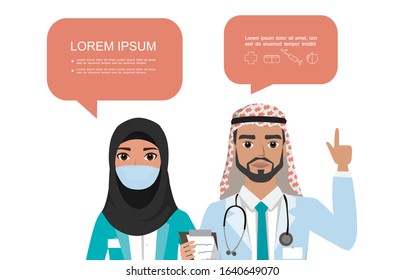 Group of arabian doctors isolated on white background. Different nationalities. Hospital medical team concept. People character set in various poses with speach bubbles