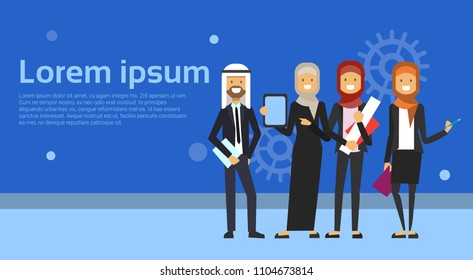 group of arabic business people in black suit working together on blue background muslim workers team banner with copy space flat