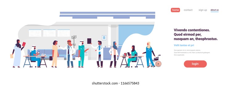 group arabic doctors hospital communication making scientific experiments diverse medical workers modern clinic interior flat copy space banner vector illustration